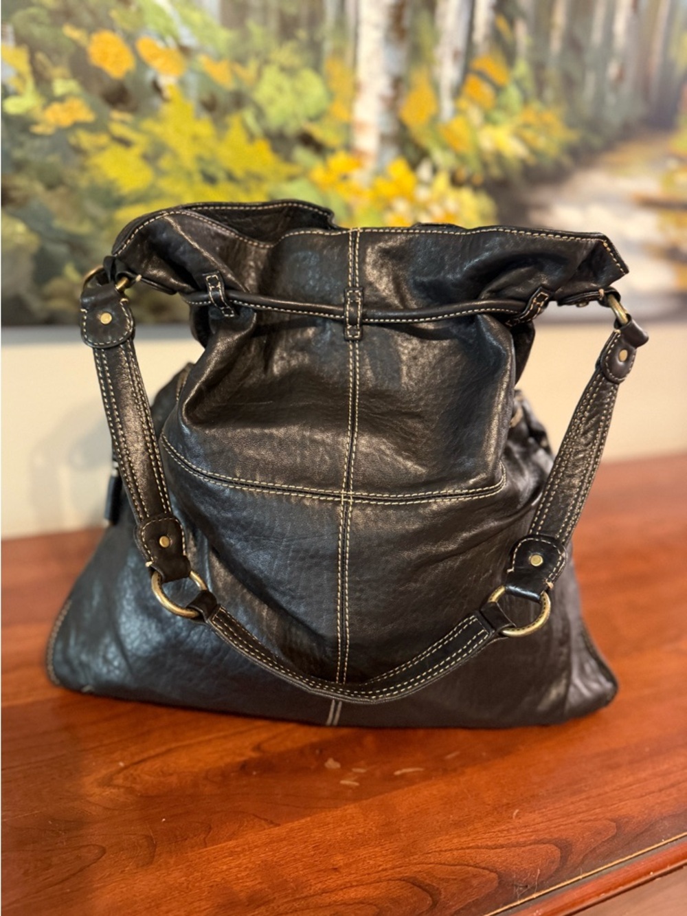Vintage Liz Claiborne Genuine Leather Bucket Bag • Drawstring Tassel • Slouchy - Picture 2 of 16